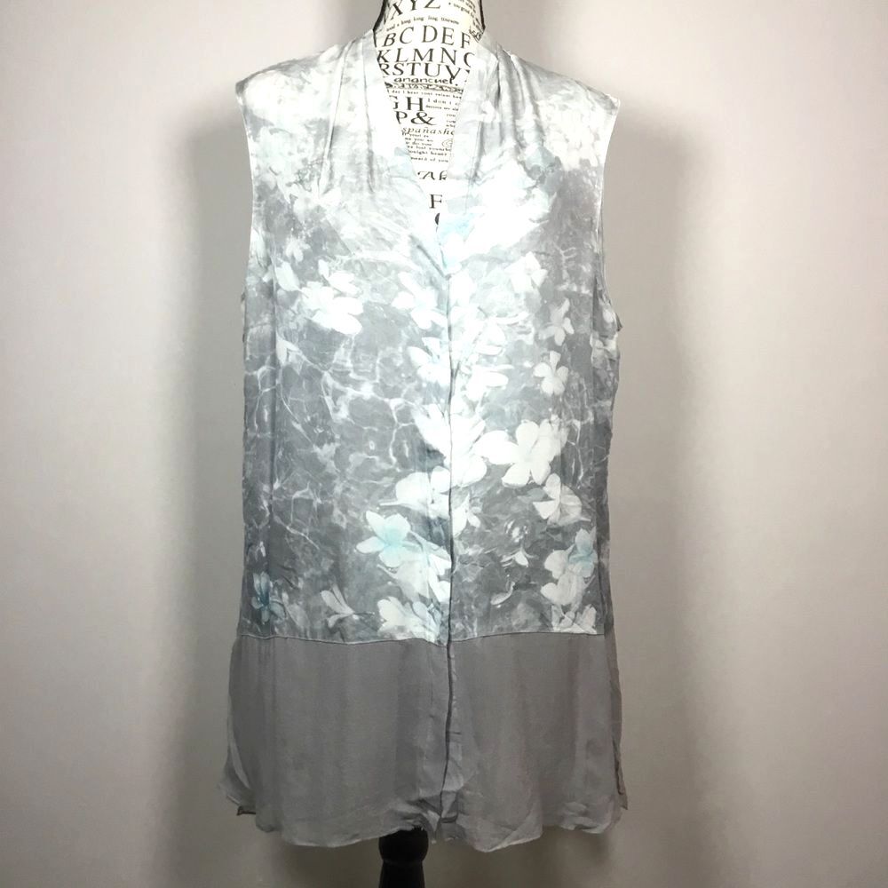 Elie Tahari 100% silk sleeveless floral top grey minty green sheer hem sz L